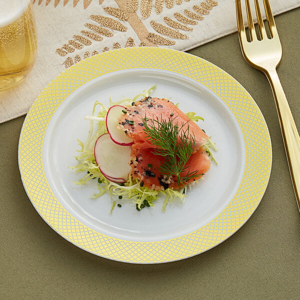 A Visions plastic plate with salmon and radishes on a table.