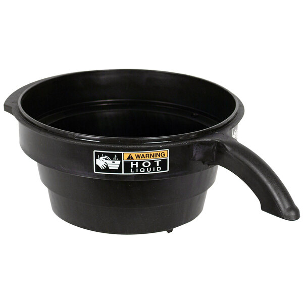 A black plastic urn funnel for Bunn coffee brewers with a handle.