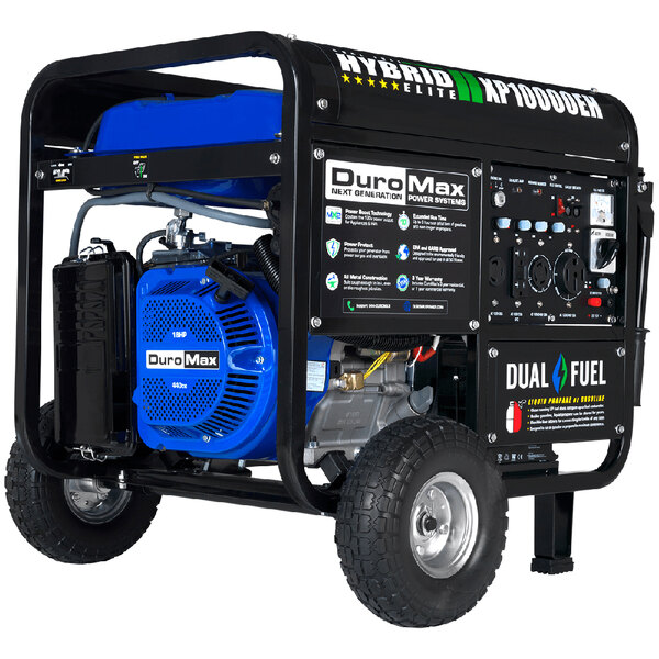 A DuroMax dual fuel portable generator with blue wheels.
