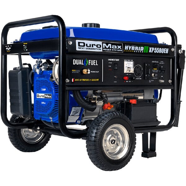 A blue and black DuroMax portable dual fuel generator with wheels.