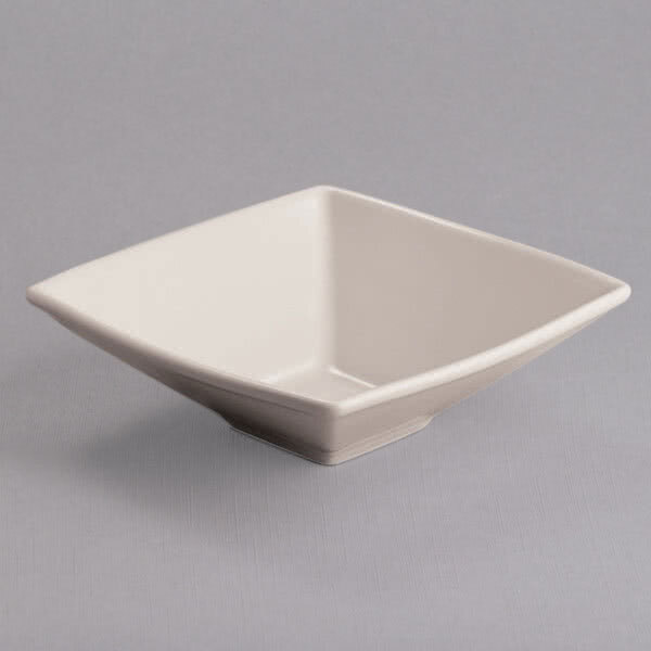 A white square Homer Laughlin china bowl.