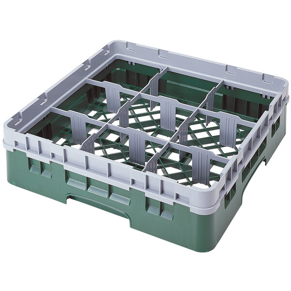 A green plastic Cambro glass rack with 9 compartments.