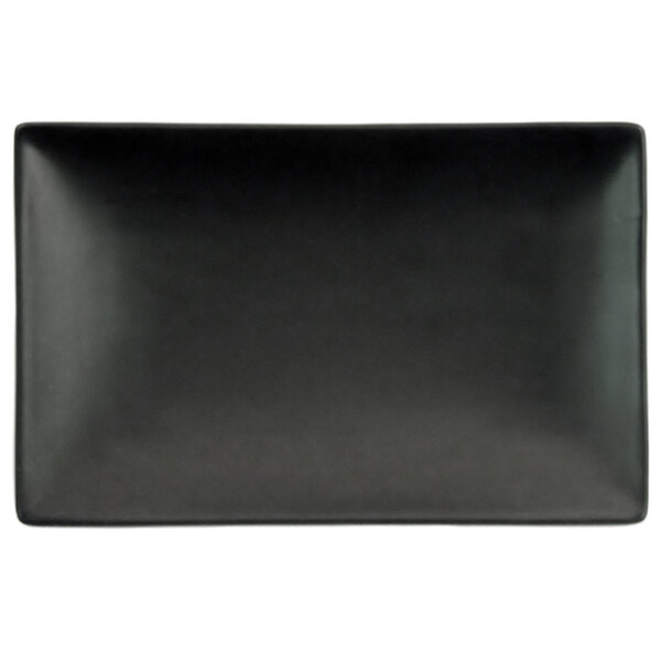 A black rectangular stoneware plate.