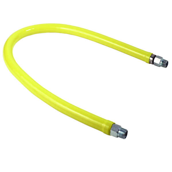A yellow flexible hose with silver metal fittings.