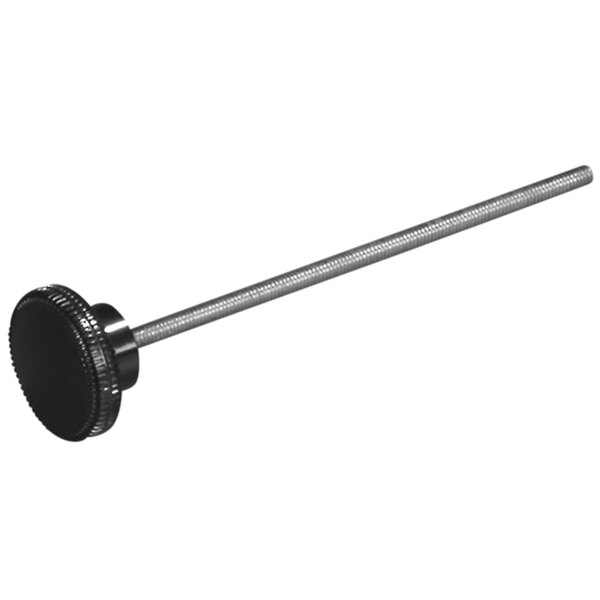 A black metal rod with a black screw fastening knob.