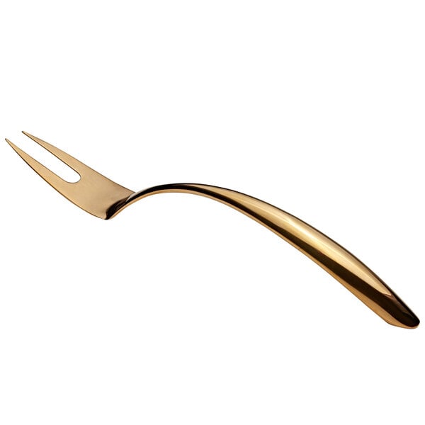 A Bon Chef stainless steel serving fork with a gold curved handle.
