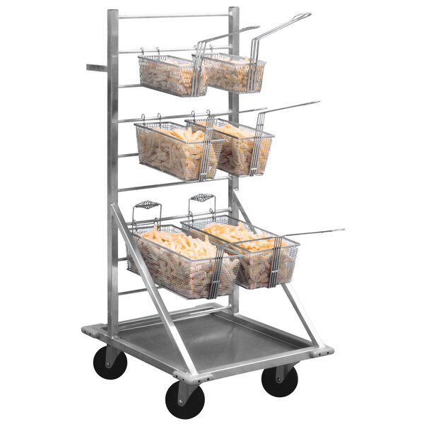 A Winholt mobile fry basket rack filled with fry baskets of food.