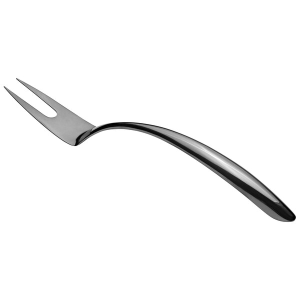 A Bon Chef stainless steel serving fork with a black curved hollow handle.