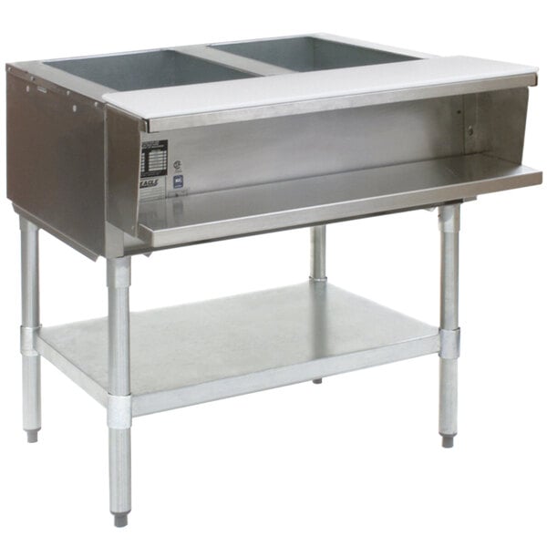 A stainless steel Eagle Group liquid propane two pan water bath steam table.
