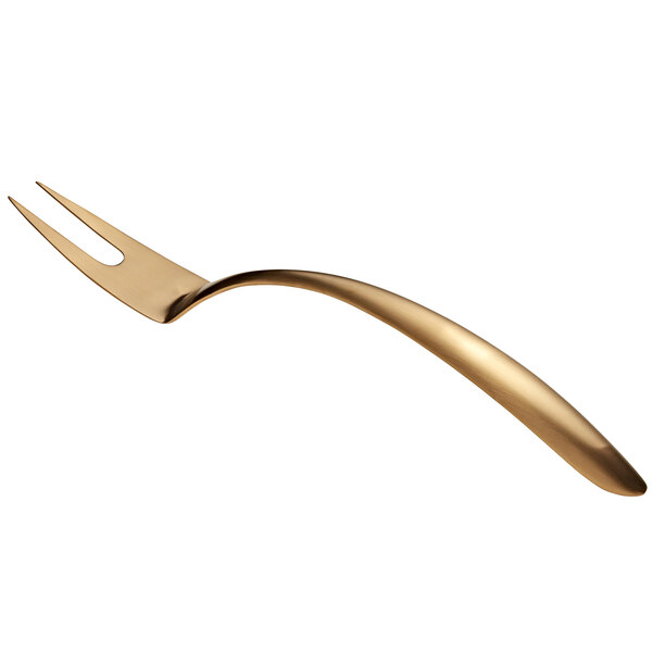 A Bon Chef stainless steel serving fork with a gold matte curved handle.