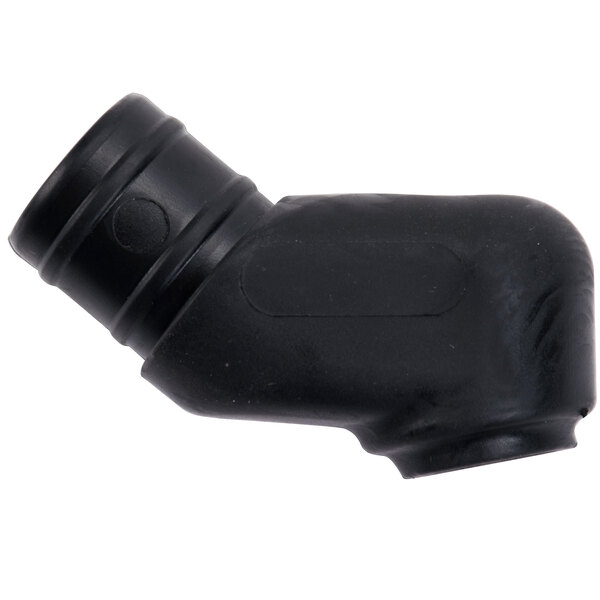 A black plastic elbow with a black nozzle.