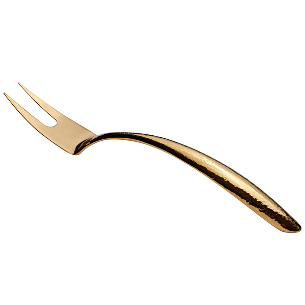 A Bon Chef stainless steel serving fork with a gold hammered hollow handle.