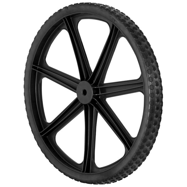 A black wheel with black spokes and a black rubber rim.