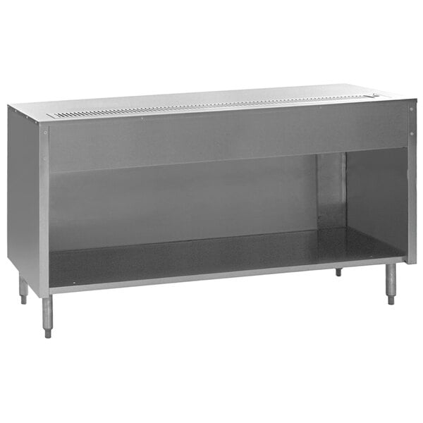 A metal cabinet with a stainless steel shelf on top.