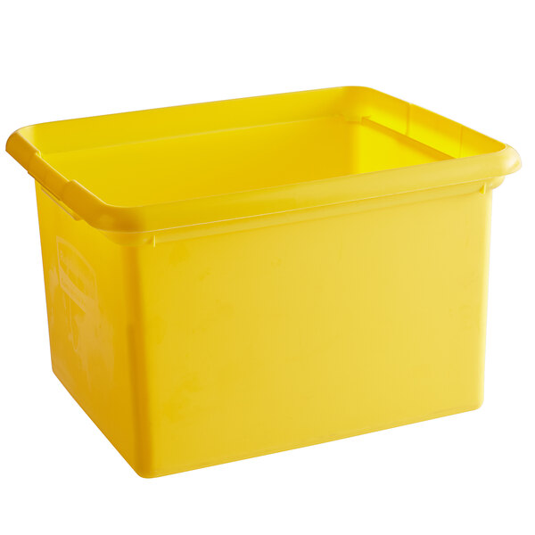 A Rubbermaid yellow plastic storage bin.