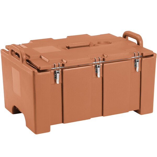 A brown plastic box with handles.