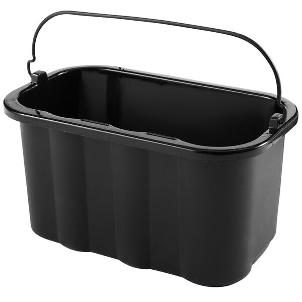 A black Rubbermaid heavy duty plastic bucket with a handle.