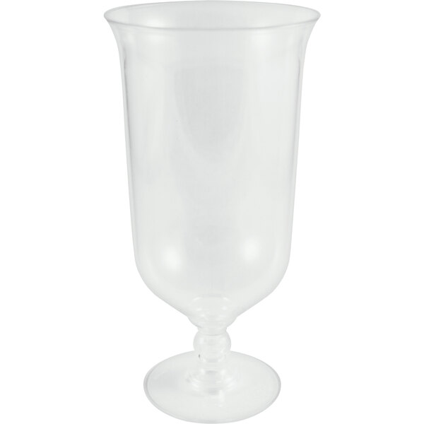A clear plastic hurricane cup with a stem.