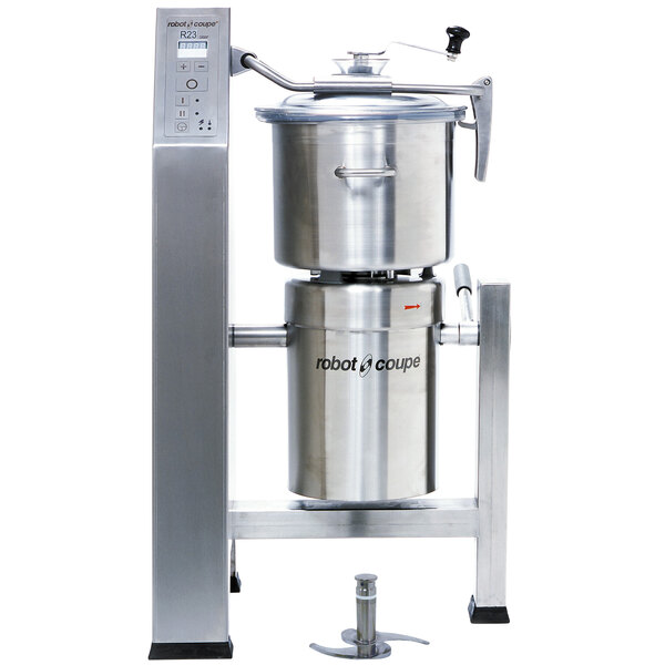 A Robot Coupe vertical cutter mixer with a stainless steel bowl on a stand.