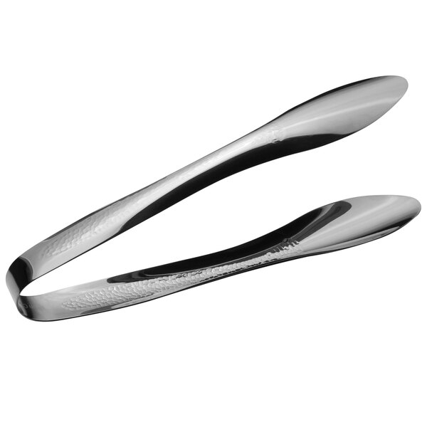 A pair of Bon Chef stainless steel tongs with a black hammered surface and hollow handles.