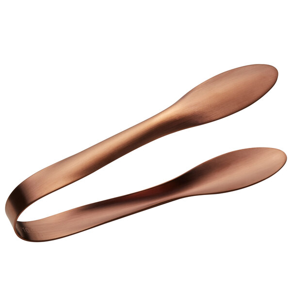 Two Bon Chef rose gold matte stainless steel tongs with hollow cool handles.