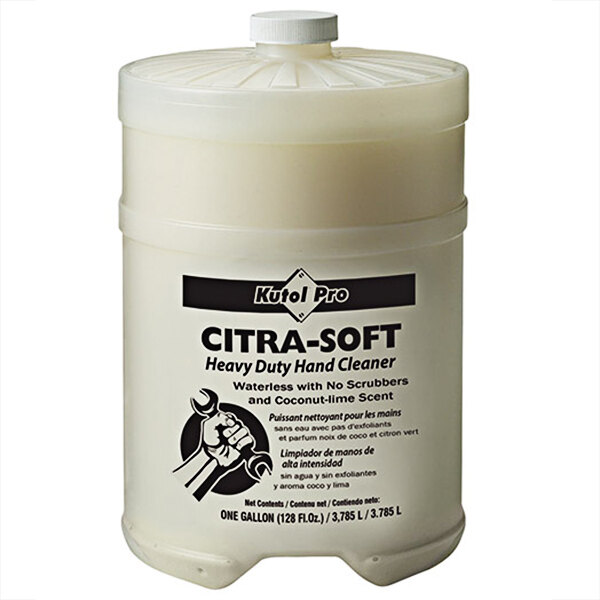 A white Kutol Pro container with a black label and a white cap for Citra-Soft coconut-lime scented heavy-duty waterless hand cleaner.