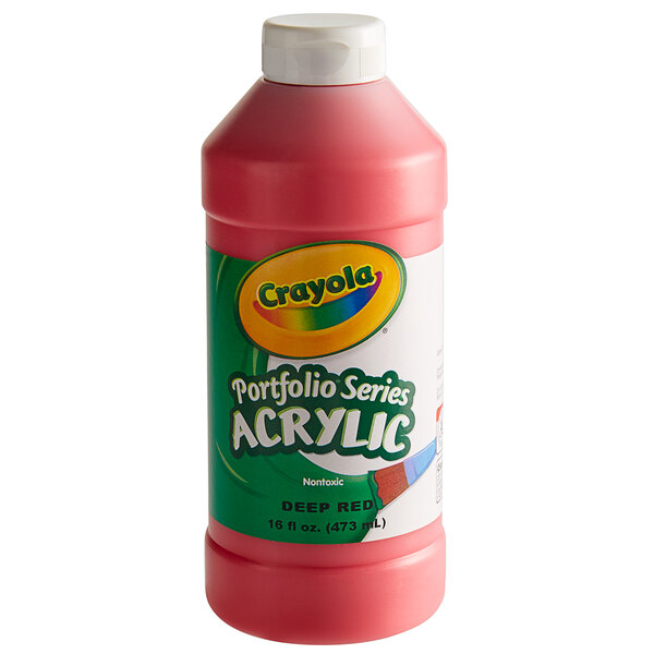 A bottle of Crayola Portfolio Series red acrylic paint with a white cap.