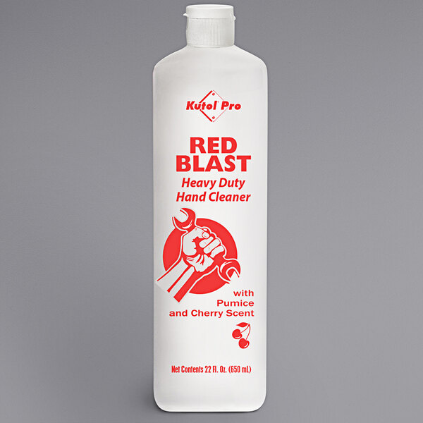 A white Kutol squeeze bottle of red Kutol Pro heavy-duty hand cleaner with pumice and red text.