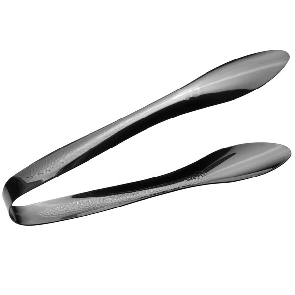 A pair of Bon Chef stainless steel tongs with black and silver handles.