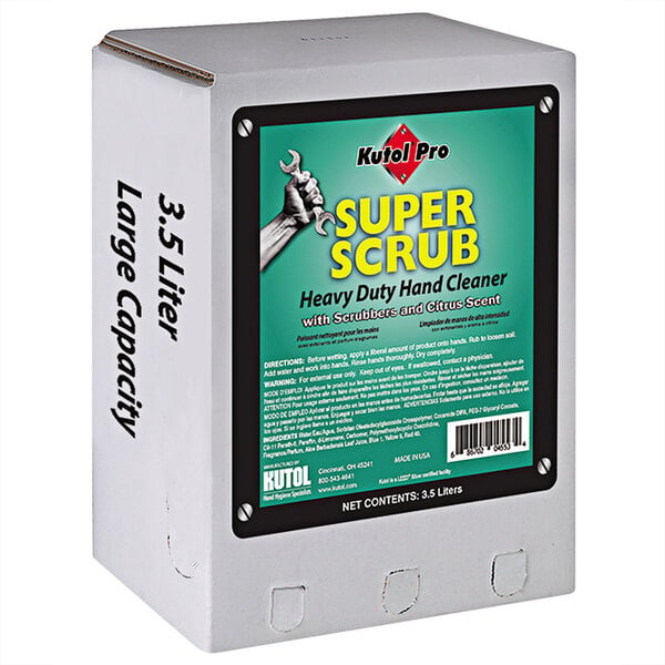 A white Kutol box with a green label for Kutol Pro Super Scrub hand cleaner.