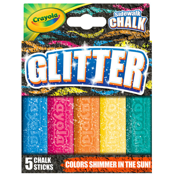 A package of Crayola glitter chalk with pink, blue, green, yellow, and purple chalk sticks.