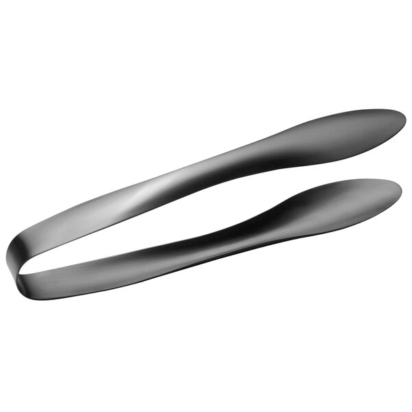 A pair of black matte stainless steel tongs with a white background.