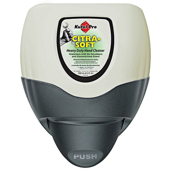 A white and black Kutol Citra-Soft hand cleaner cartridge.