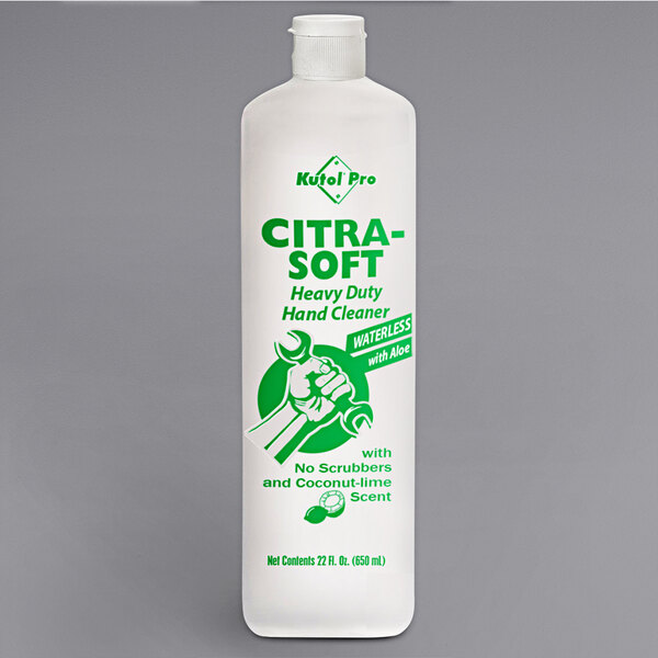 A white Kutol squeeze bottle of Citra-Soft coconut-lime hand cleaner with green text.