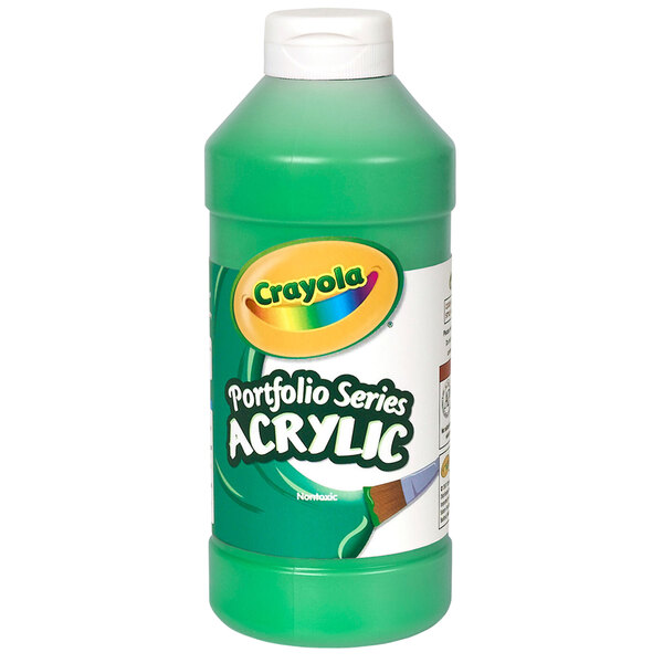 A green bottle of Crayola Portfolio Series acrylic paint with a white label.