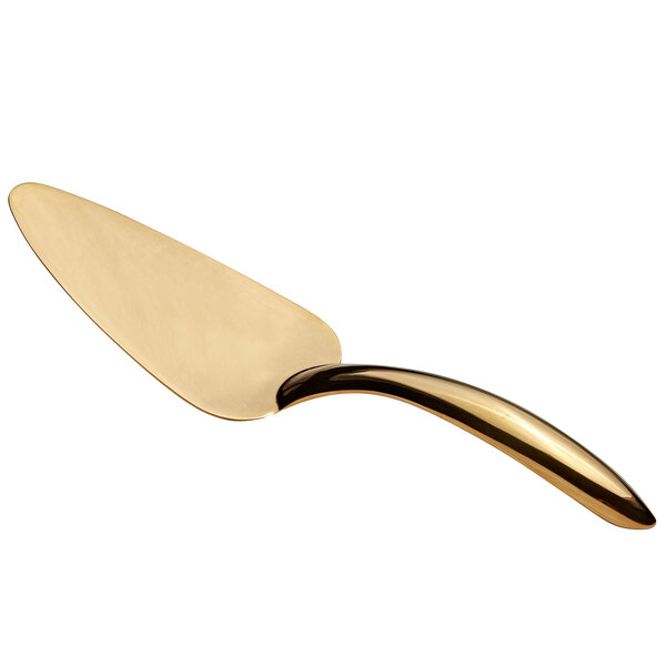 A gold stainless steel pastry server with a hollow cool handle.