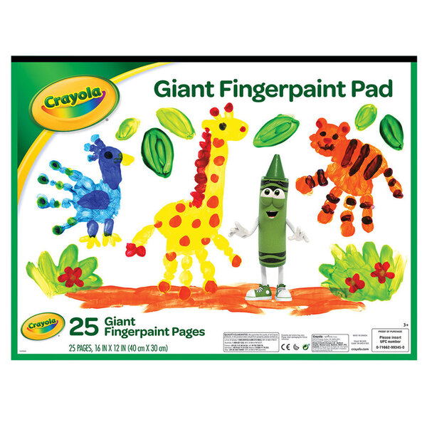 A box of Crayola finger paint on a white Crayola fingerpaint pad.