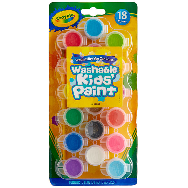 A yellow Crayola package of 18 washable paint pots with colorful paint in plastic containers with colorful caps.