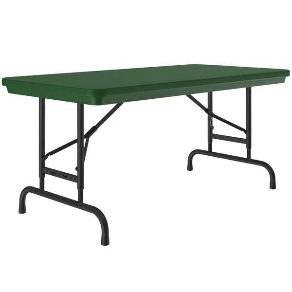 A green rectangular Correll folding table with black pedestal legs.
