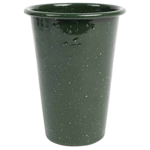 A Crow Canyon Home forest green enamelware tumbler with white specks.