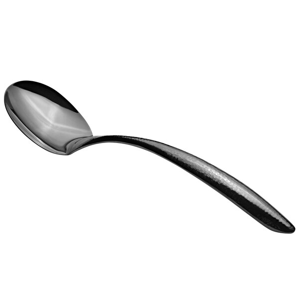 A Bon Chef serving spoon with a hollow cool handle with a black hammered finish.