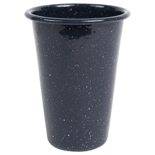 A navy Crow Canyon Home enamelware tumbler with a speckled design.