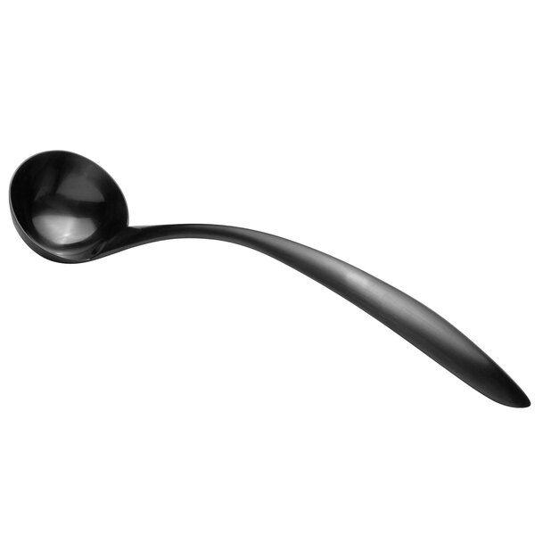 A black stainless steel serving ladle with a long handle.
