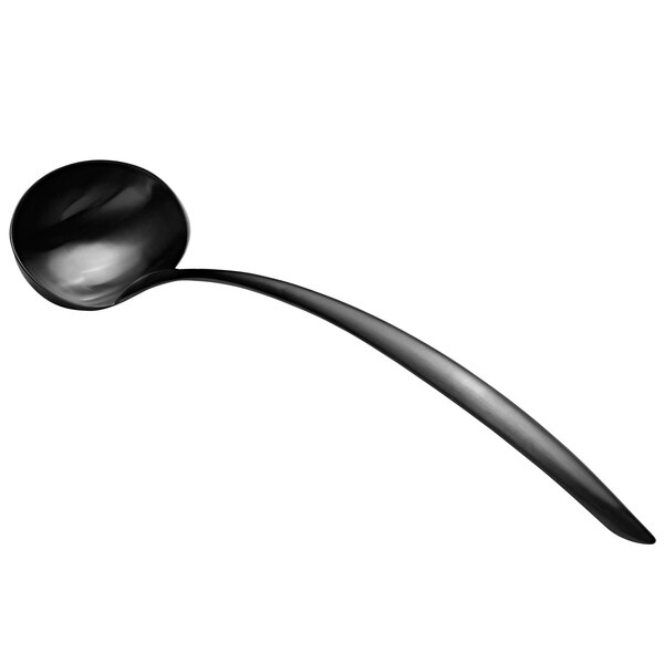 A black stainless steel ladle with a long, hollow handle.