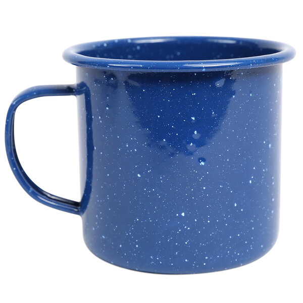 A Crow Canyon Home medium blue enamelware mug with a speckled design and handle.