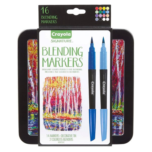 A white box of 16 Crayola Signature assorted color blending markers.
