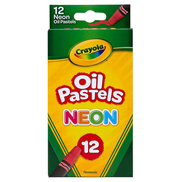 A yellow Crayola box with green and white text that reads "Crayola 12-Count Assorted Color Neon Oil Pastels" containing neon oil pastels.