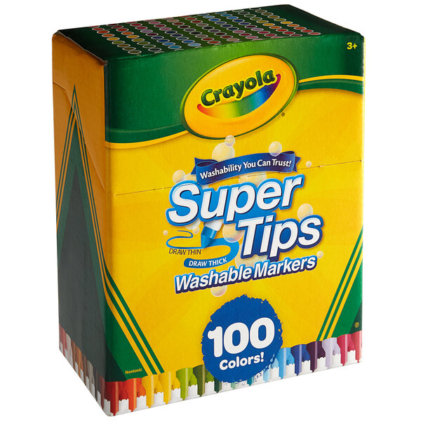 A box of Crayola Super Tips 100 assorted colored markers.