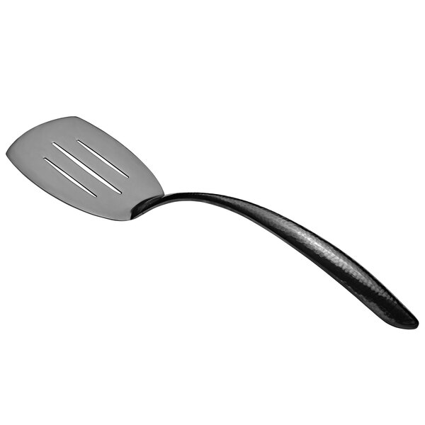 A close-up of a Bon Chef black stainless steel slotted turner with a hollow cool handle.