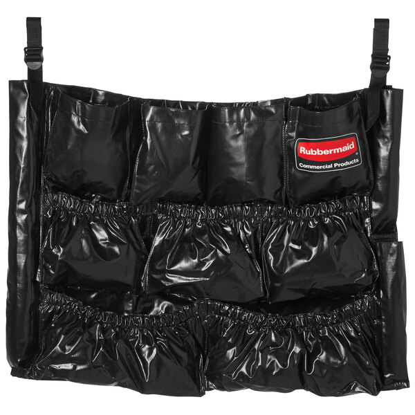 A black Rubbermaid caddy bag with pockets.